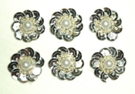 T8884 Set of 6 Silver Flower Sequin Pearl Appliques 5/8"