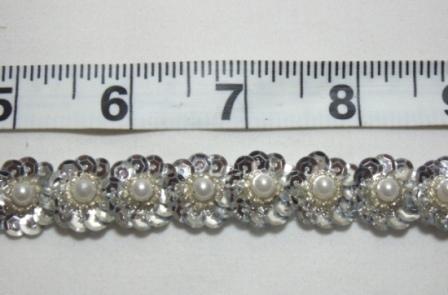 T8884 Silver Flower Sequin Pearl Applique or Trim 5/8"