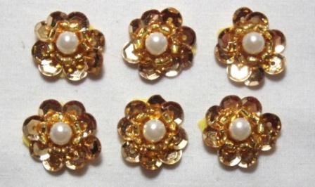 T8884 Set of 6 Gold Flower Sequin Pearl Appliques 5/8"