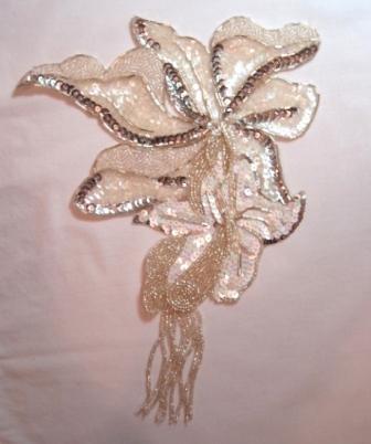K8898   Silver & White AB  Floral Sequin Beaded Applique 11"