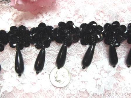 T8900D Black Dangle Sequin Beaded Applique or Trim