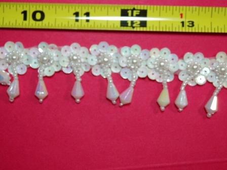T8904  White AB Dangle Pearl Sequin Beaded Applique or Trim