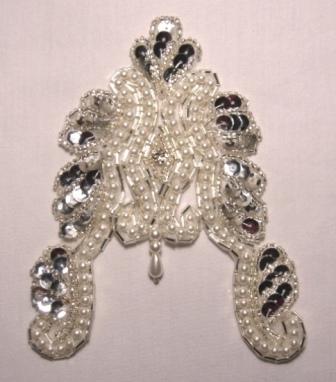 K8923  Silver Victorian Pearl Rhinestone Sequin Beaded Applique 5.5"
