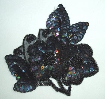 Black AB Floral 6" Sequin Beaded Applique  K8925
