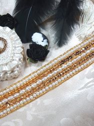 T8930  Gold Pearl Beaded Sequin Trim Crafts & Sewing 1-1/3"