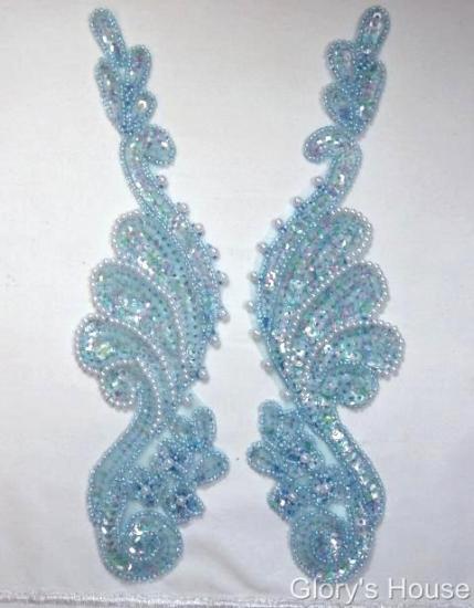 0016  Lt. Blue Crystal AB Mirror Pair 8" Sequin Beaded Appliques