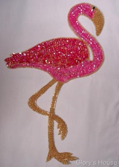 0045B Pink Flamingo 12" Sequin Beaded Applique Lg