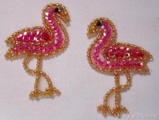 Pink Flamingo Pair  2" Sequin Beaded Appliques 0045