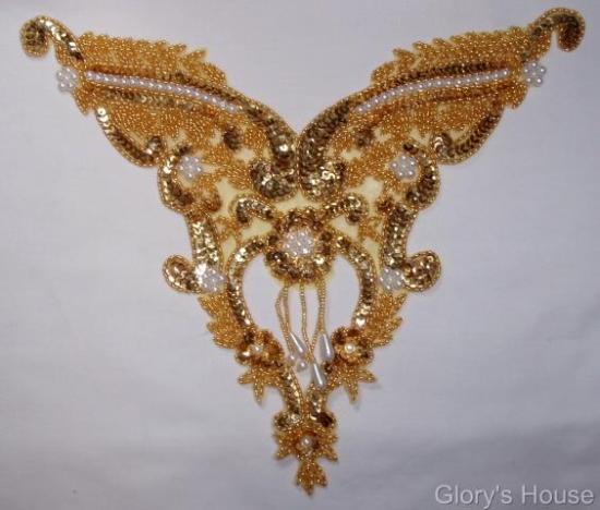 Gold Pearl Bodice 11"Sequin Beaded Applique  0055