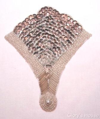 K8618  Silver Fan Epaulet Sequin Beaded Applique 5.75"