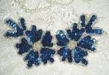 Blue Silver Floral  5" Sequin Beaded Applique K8116