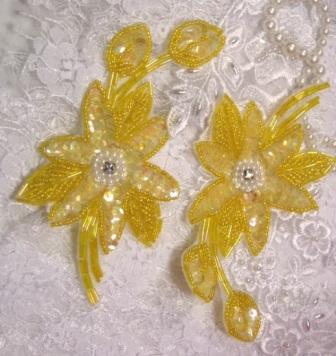 K8109  Yellow Crystal  Mirror Pair Sequin Beaded Appliques 5.5"