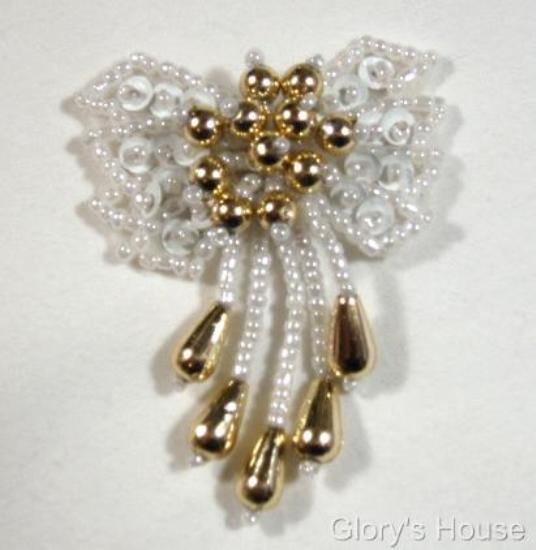 0036 White & Gold Bow 2" Sequin Beaded Applique  0036