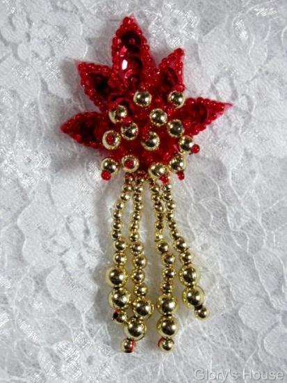 0073 Red Gold Leaf Dangle 3" Sequin Beaded Applique 0073