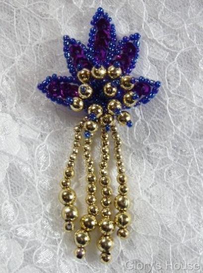 0073 Purple Gold Leaf Dangle 3" Sequin Beaded Applique 0073