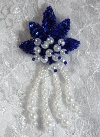 0073 Blue White Leaf Dangle 3" Sequin Beaded Applique 0073