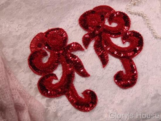 0069 Red French Curl Sequin Beaded Applique 6.5"