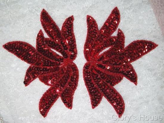 0079 Red Sea Weed Mirror Pair Sequin Beaded Applique 6"