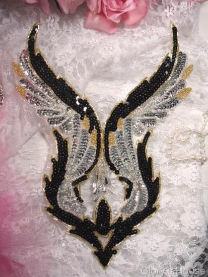 Black Gold Bodice Yoke 11" Sequin Beaded Applique  0061