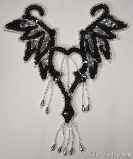 Black & Silver Yoke Bodice 8.5" Sequin Beaded Applique 0108