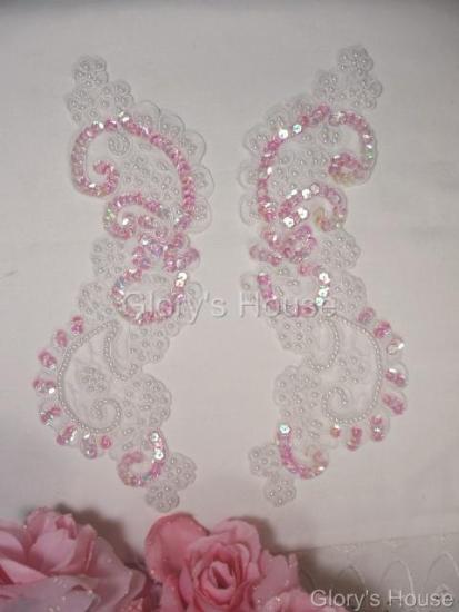 0054 White Bridal Venice Pearl 9" Mirror Pair Sequin Beaded Appliques