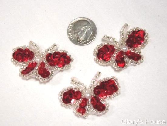 T9516  Set of 3 Red & Silver Butterfly Sequin Beaded Applique 1.5"