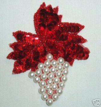 K8260  Red Grape Cluster Pearl Sequin Beaded Applique 3.5"