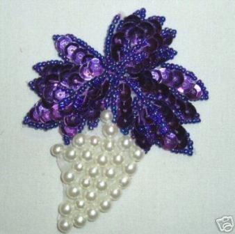 K8260  Purple Grape Cluster Pearl Sequin Beaded Applique 3.5"