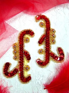 A0420C Red Gold Mirror Pair Beaded Sequin Appliques 3.25"