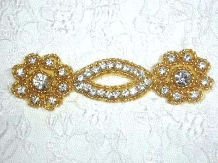 A0429D Gold Clear Rhinestone Beaded Floral Applique 4.25