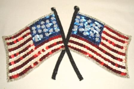 K13   Partiotic Double American Flag Sequin Beaded Applique 9.5"