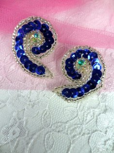 AT8136  Set of (2) Turquoise Curl Mirror Pair Sequin Beaded Appliques 1.25"