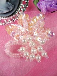 AT8634 Pink Crystal AB Dangle Floral Beaded Sequin Applique 2"