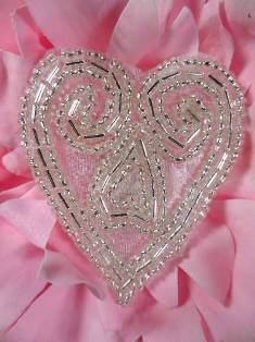 ACT/XR103/A  Heart Silver Beaded Applique 2.5"