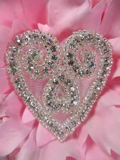 AXR105A Heart Crystal Clear Silver Beaded Rhinestone Applique 2.5"