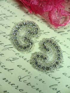 AXR105B Set of ( 2 ) Curled Crystal Clear Silver Beaded Rhinestone Appliques 1.25"
