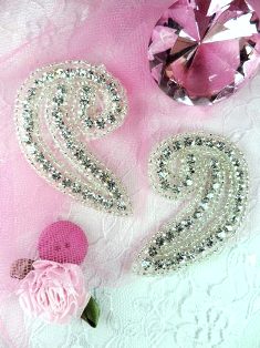 AXR68 Curl Crystal Clear Silver Beaded Rhinestone Appliques Mirror Pair 3"