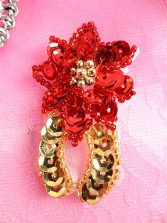 A0313B  Christmas Poinsettia Beaded Sequin Applique 2.5"
