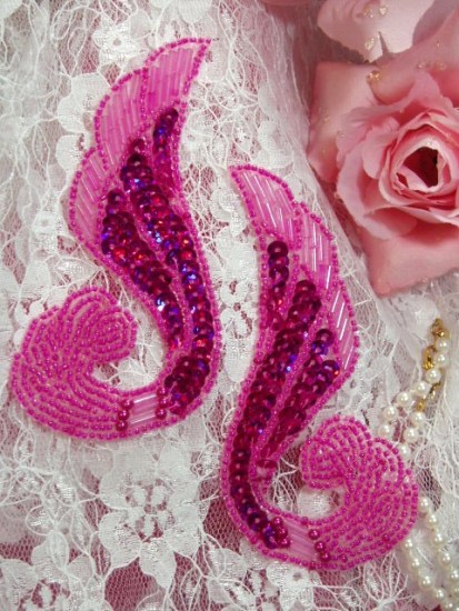 0123 Fuchsia Swirl Mirror Pair Sequin Beaded Appliques