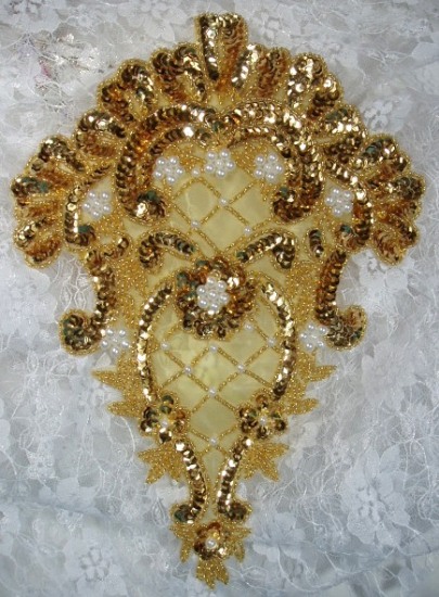 Gold Pearl 10" Victorian Elegance Sequin Beaded Applique