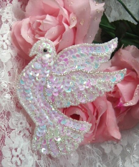 White Dove  4" Sequin Beaded Applique 0101
