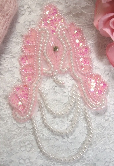 Pink Victorian Epaulet 7" Sequin Beaded Applique 0080