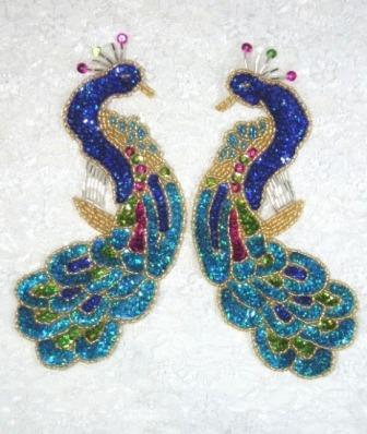 0167  Blue Peacock Mirror Pair Sequin Beaded Appliques