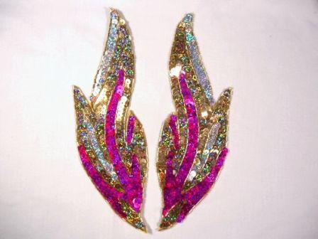 0173 Fuchsia Flames of Fire Mirror Pair Sequin Beaded Appliques 9.5