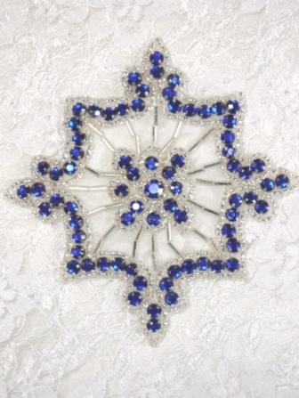 0260  Blue Jewel Silver Beaded Rhinestone Applique 4"