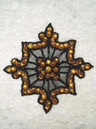 0260  Gold Jewel Black Beaded Rhinestone Applique 4"
