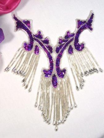 0181 Purple Silver Collar Sequin Beaded Applique  8.5"