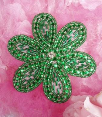K8270 Green Rhinestone Flower Beaded Applique 3.75"