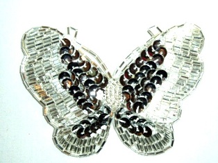 K8110  Silver Butterfly Sequin Beaded Hair Bow / Brooch / Applique 4"