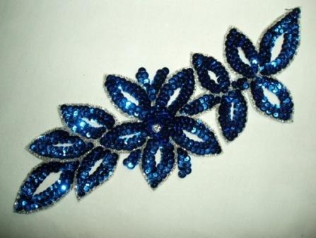 K8383  Blue Rhinestone Floral Vine Sequin Beaded Applique  11"